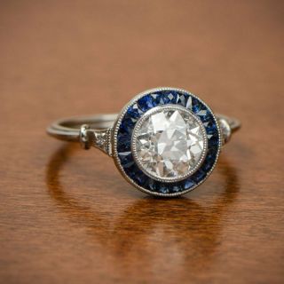 Vintage Art Deco Round 2.  45 Ct Diamond Sapphire Antique Engagement Ring 925 S