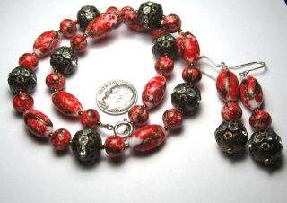 15 " Necklace Of Vintage Glass/brass Beads And Matched Earrings