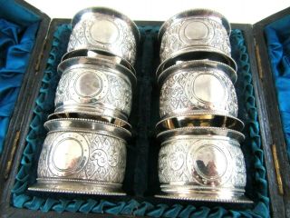 Antique Silver Plate Box Of 6 Napkin Rings -