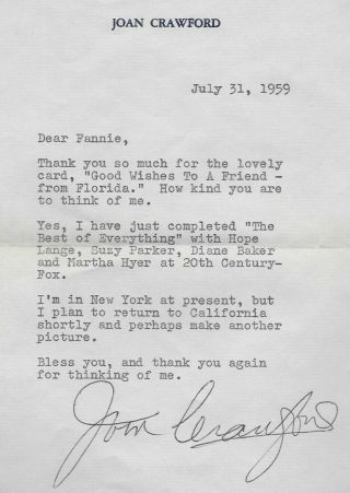 Joan Crawford Vintage Signed Letter 1959 Actress Oscar Winner