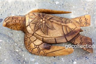 12 " Long Wooden Turtle Tortoise Statue Hand Carved Sculpture Wood Decor Figurine