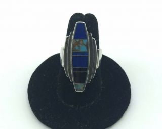 Vtg Ray Tracey Knifewing Navajo Sterling Silver Turquoise Lapis Onyx Inlay Ring