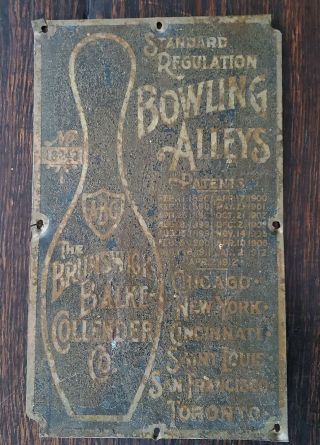 Antique Brass Brunswick Bowling Alley Metal Sign 1896 - 1912 Patents
