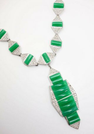 Kenneth Jay Lane Kjl High Art Deco Style Jade Green Rhinestone Pendant Necklace