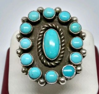 Huge Vintage Sterling Silver Navajo Turquoise Cluster Ring Size 9.  25 Signed Nb