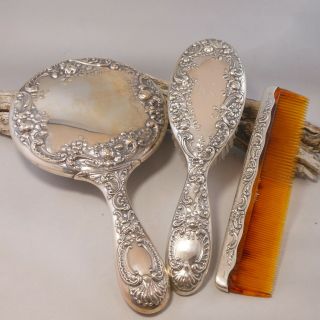 Gorham Sterling Silver Art Nouveau Repousse Vanity Mirror Brush & Comb Set.  Ooh