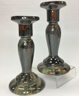 Vintage 1933 Brush Mccoy Brown Onyx 030 Art Pottery Candlestick Candle Holders