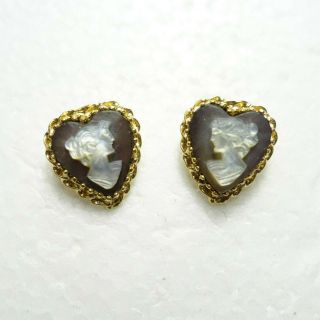 Vintage Mop Cameo & 14k Gold Heart Shaped Earrings
