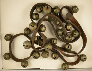 (30 Bells) Vintage Brass Sleigh Bells On A 92 " Leather Belt.  1890 