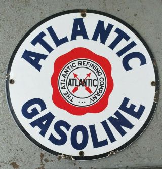 Vtg Atlantic Gasoline Porcelain Sign Service Station Pump Plate Gas Motor Oil