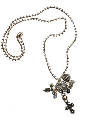 Vintage Love Heals Cross Pendant Necklace On Gold Beaded Chain