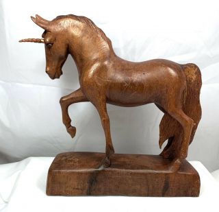 Carved Wood Unicorn Wooden Horse Statue Figure Vintage Art Figurine Sculpture