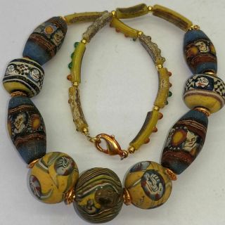 Wonderful Old Unique Mosaic Glass Beads With Faces Lovely Necklace