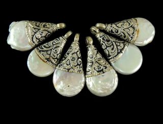 6 Tibetan Pendants Mother Of Pearl Silver Repoussee Loose Was $15.  00