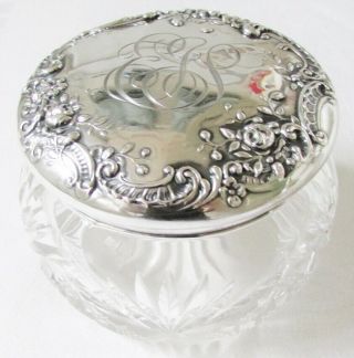 Antique Gorham Sterling Silver Crystal Repousse Powder Dresser Box Jar W/ Roses