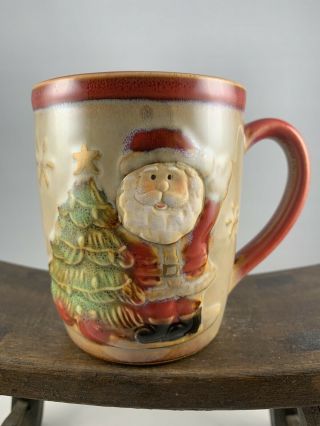 Folk Art Glazed Ceramic Santa Christmas Tree Snowflakes Coffee Tea Cup Mug