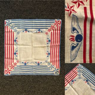 Vtg 1940’ World War 2 Souvenir Handkerchief Red,  White,  Blue.  Stars & Stripes