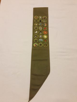 Old Vintage Boy Scouts Of America Bsa Sash With 24 Merit Badges Patches Green.