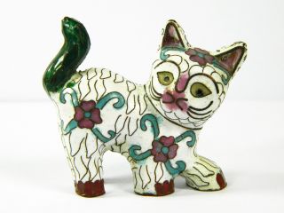 Vintage Chinese White Cloisonne Copper Enamel Animal Kitten Cat Figurine,  Floral