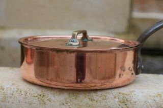 Vintage French Copper Saute Pan Saucepan With Lid Engraved Lined 9.  8inch 6.  2lbs