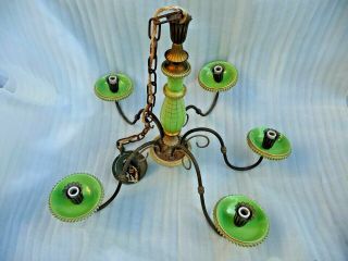 Antique French Large 5 Light Chandelier Brass,  Green Ceramic With Gold Detail