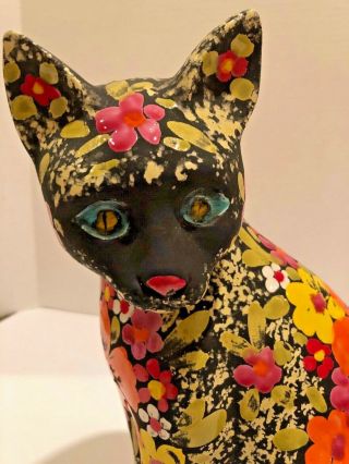 Vintage Ceramic Black Cat Statue Figurine w/Hand Painted Flowers Floral Design 2