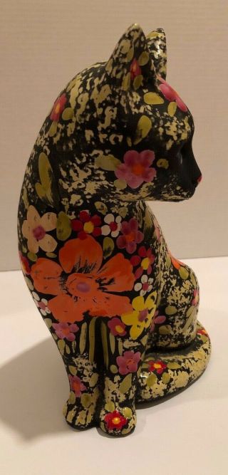 Vintage Ceramic Black Cat Statue Figurine w/Hand Painted Flowers Floral Design 3