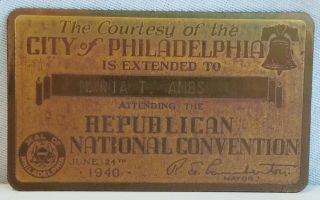 1940 Republican National Convention Metal Pass Ticket Philadelphia Old