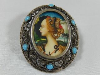 Antique 800 Silver Hand Painted Portrait Brooch Pendant Lady W/ Snake At Neck