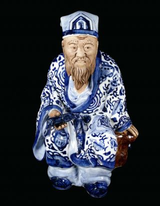 11 " Vintage Japanese Kutani Porcelain Jurojin Figurine Figure Statue Blue White