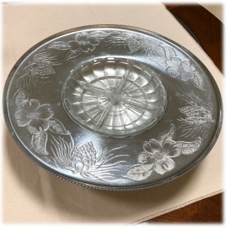 Vtg Hand Wrought Wilson Wrought Aluminum Dogwood Pine Serving Tray Lazy Susan
