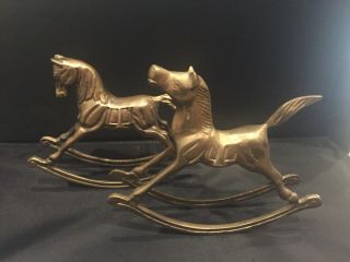Set Of Two Vintage Solid Brass Rocking Horse Statues Figurine Mid Century