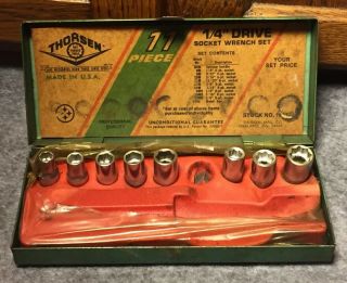 Vintage Thorsen 1/4 " Drive Metal Toolbox W/ 8 Sockets 6 & 8 Point (usa)