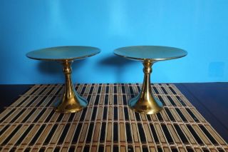 Vintage Mid Century Brass Candle Holders Laquered And Large Set Of 2