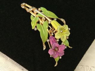 Trifari Brooch Fur Clip Enamel Flower Leave Pink Green Yellow Rhinestone Vintage