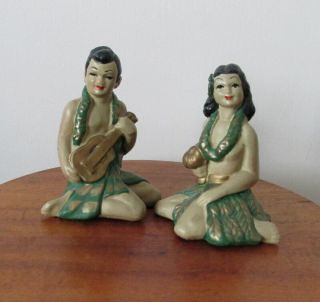 Vintage Chalkware Hawaiian Hula Girl With Uli Uli Kane With Ukulele Figurines