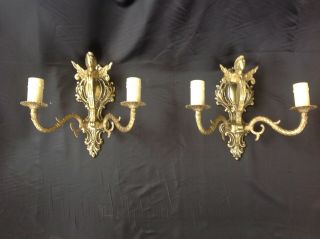 Antique French Brass Wall Lights With Angel Figurine