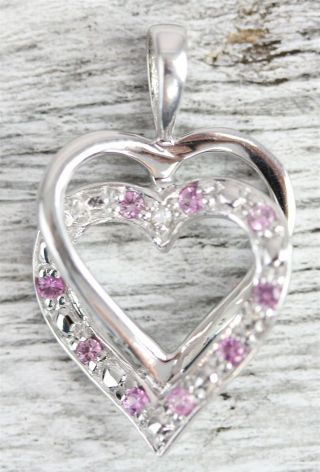 Vintage 10 K White Gold Diamond Pink Spinel Double Heart Pendant - N2726