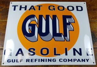 That Good Gulf Gasoline Orange Disc Logo Refining Company Porcelain Enamel Sign