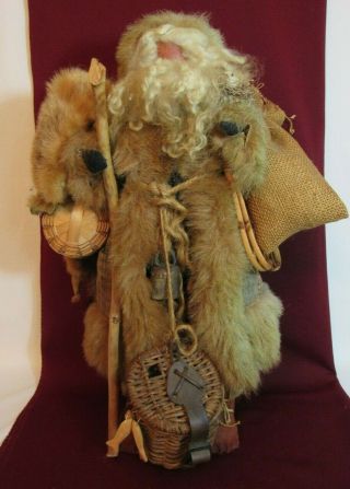 Vintage Hand Made Woodland Santa W/ Real Mink Fishing Snowshoes 18 " Old Quilt