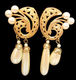 Rare Vintage 2 - 3/4 " Signed Miriam Haskell Faux Pearl Dangle Clip Earrings A65
