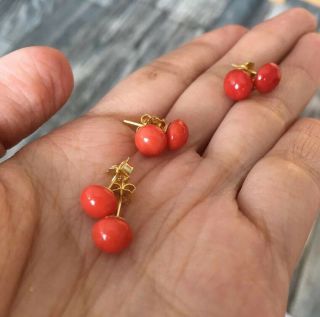 Antique Old Stock Natural Red Coral Cabochons Earrings Silver Gold Plated