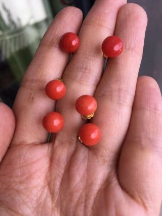 Antique old stock natural red coral cabochons earrings silver gold plated 2