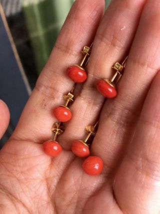 Antique old stock natural red coral cabochons earrings silver gold plated 3