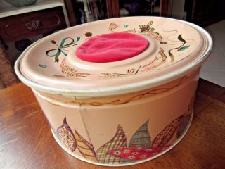 Vintage Round Sewing Tin W/red Pin Cushion Lid By Atlantic Can Co.