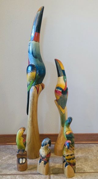 Set 6 Balsa Wood Toucan Parrots Birds Hand Carved Painted Ecuadoran