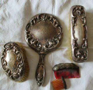 Antique 3 Pc Art Nouveau Sterling Silver Vanity Set - Mirror,  2 Brushes