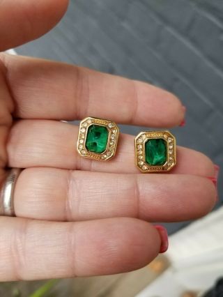 Vintage Christian Dior Faux Emerald And Diamond Pierced Earrings