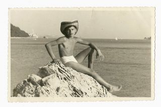 Vintage Photo Handsome Shirtless Man Boy With Hat Posing For Buddy On Beach Gay
