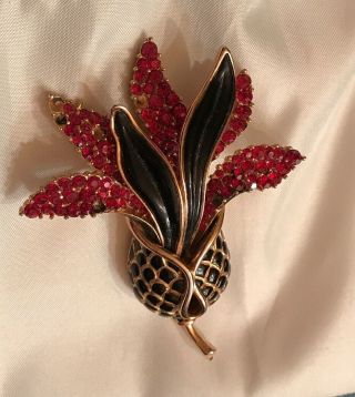 Crown Trifari Signed Vintage Enamel Rhinestone Flower Pin Brooch Alfred Phillipe